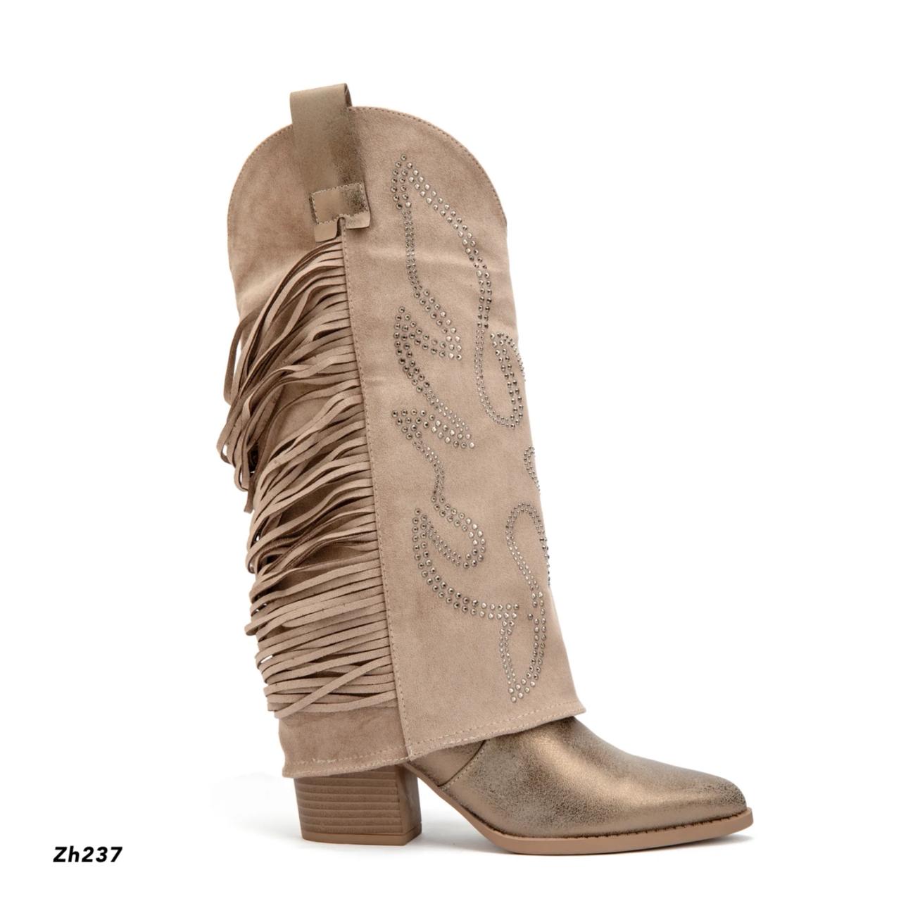 Bota texana beige doblez apliques plateado detalle flecos tacon 7cm M-830 C-81
